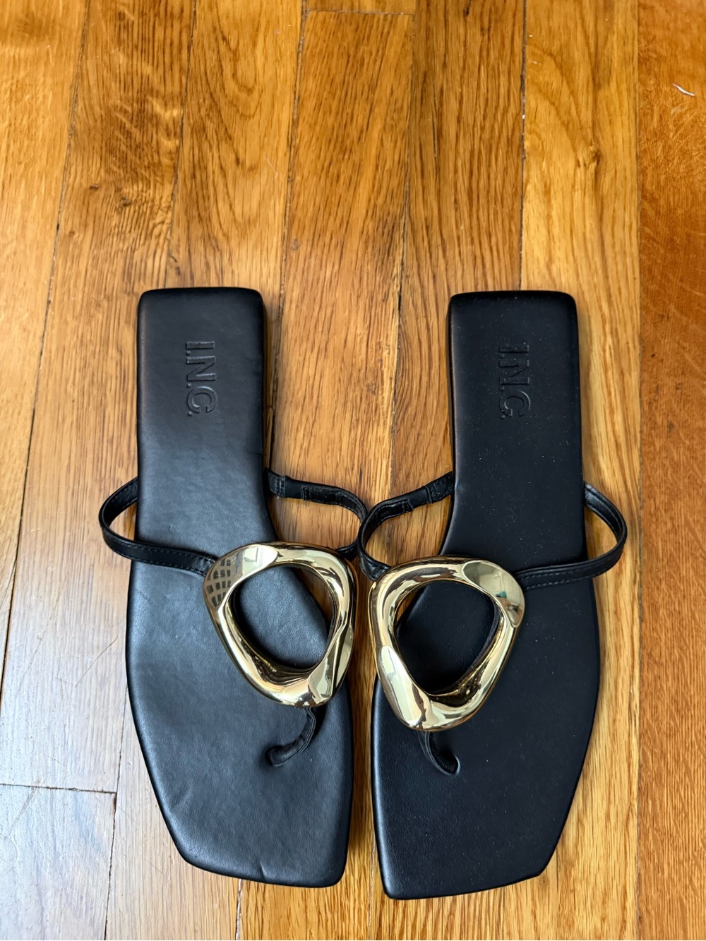 INC International Concepts Black Sandals with Gold Loop Accent